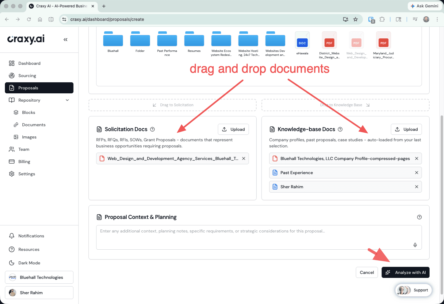 Upload area with RFP documents and knowledge base document picker